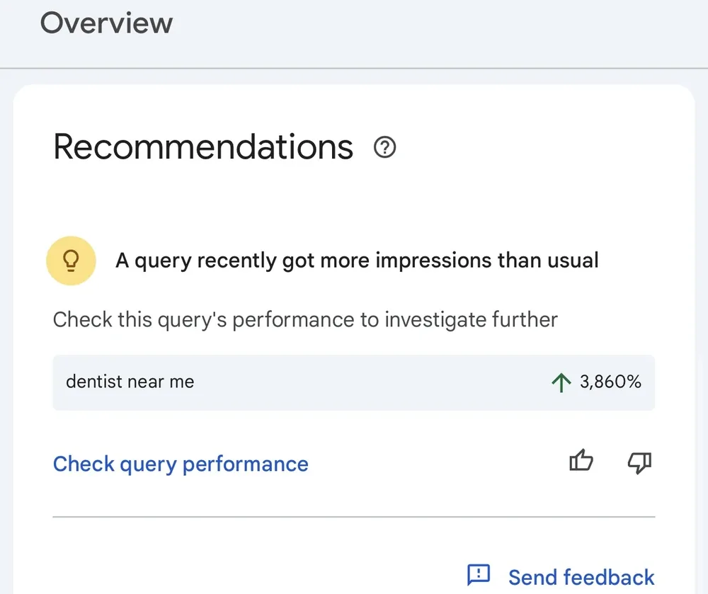 Google Search Console alert: dentist near me impressions up 3,860% after Visible Owl fixed a dental practice's Google Business Profile categories