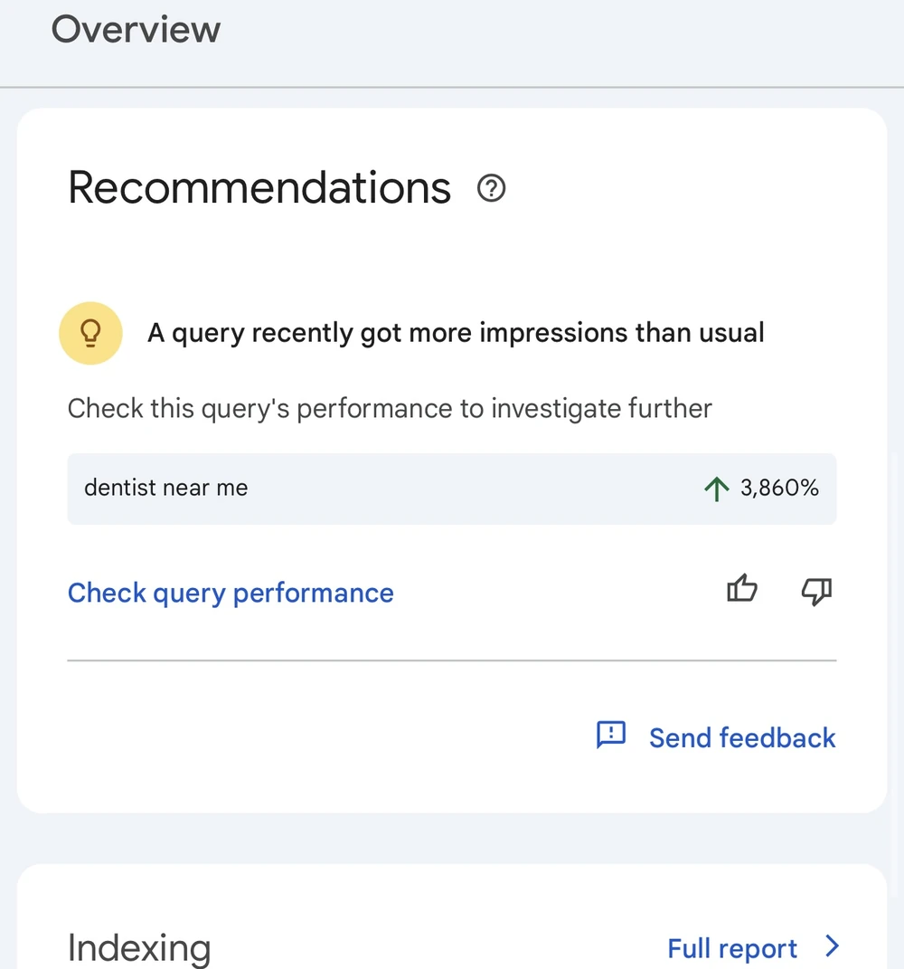 Dental SEO results: Google Search Console shows dentist near me impressions up 3,860% within a month of SEO fixes for a dental practice