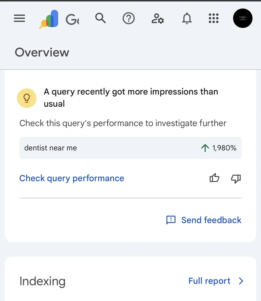 Dentist near me SEO results: Google Search Console shows impressions up 1,980% after local SEO fixes by Visible Owl