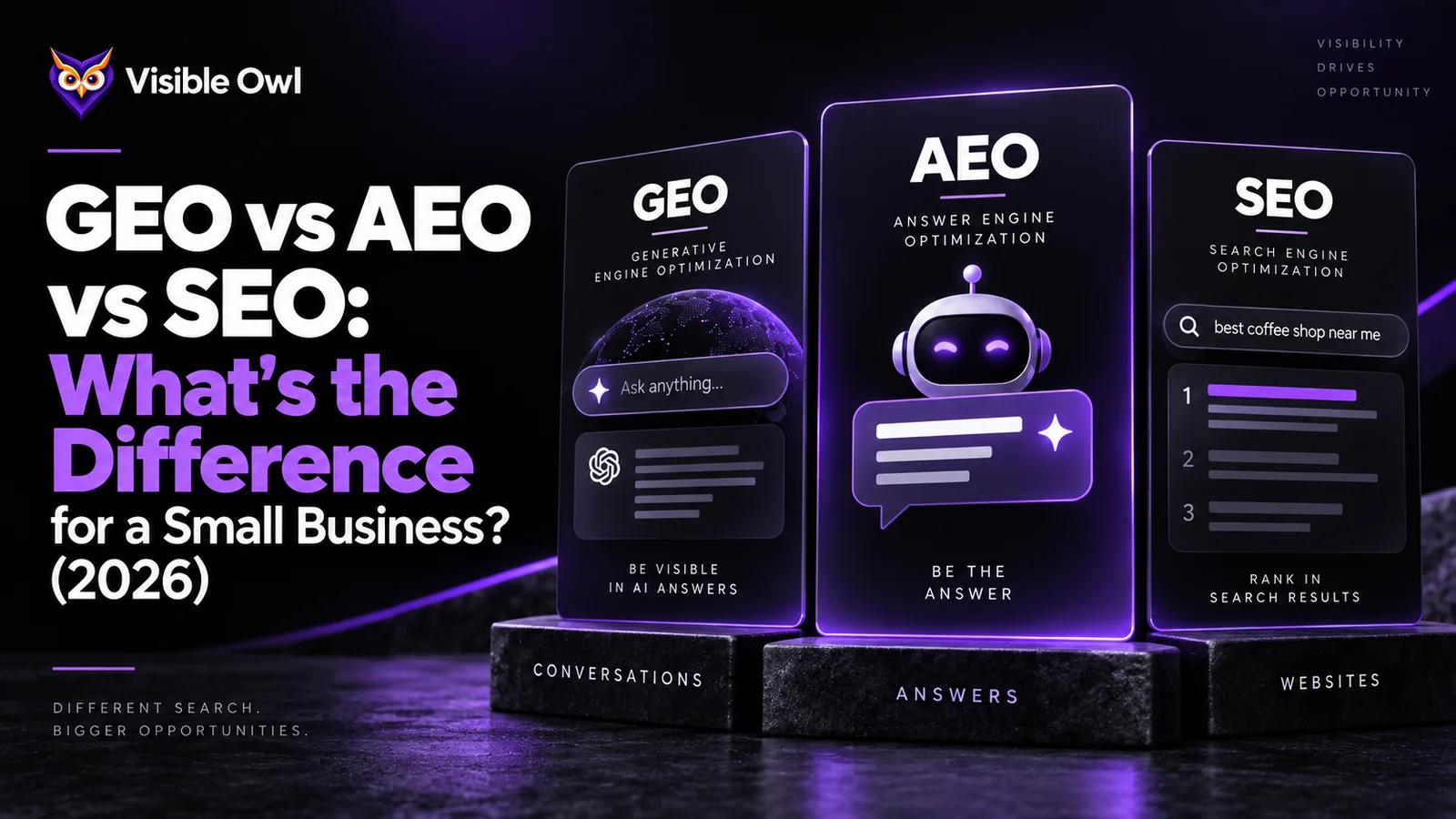 GEO vs AEO vs SEO for a small business: generative engine optimization for AI answers, answer engine optimization, and search engine optimization for Google rankings