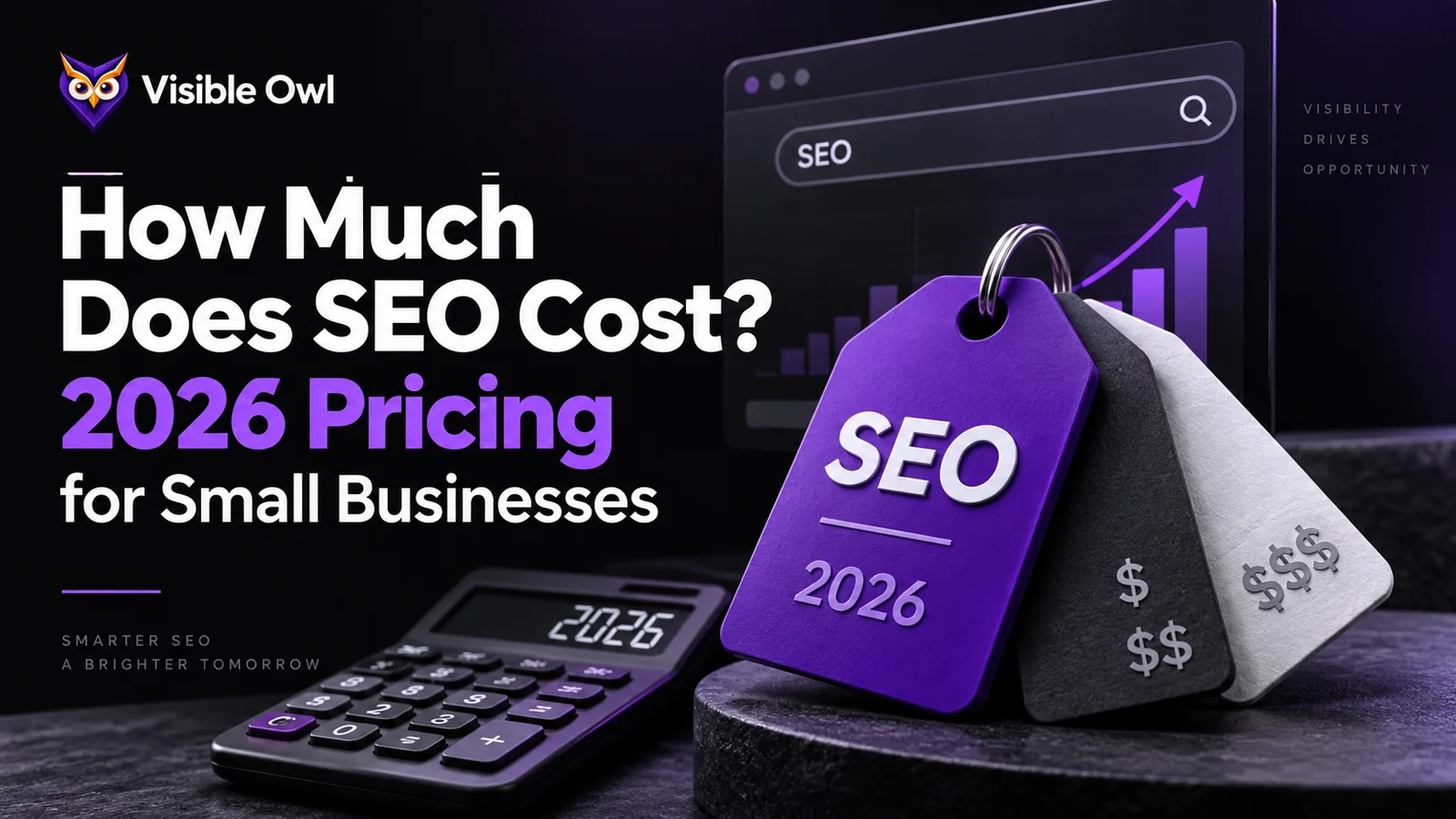How much does SEO cost? 2026 SEO pricing for small businesses: a purple SEO price tag beside dollar price tags and a calculator