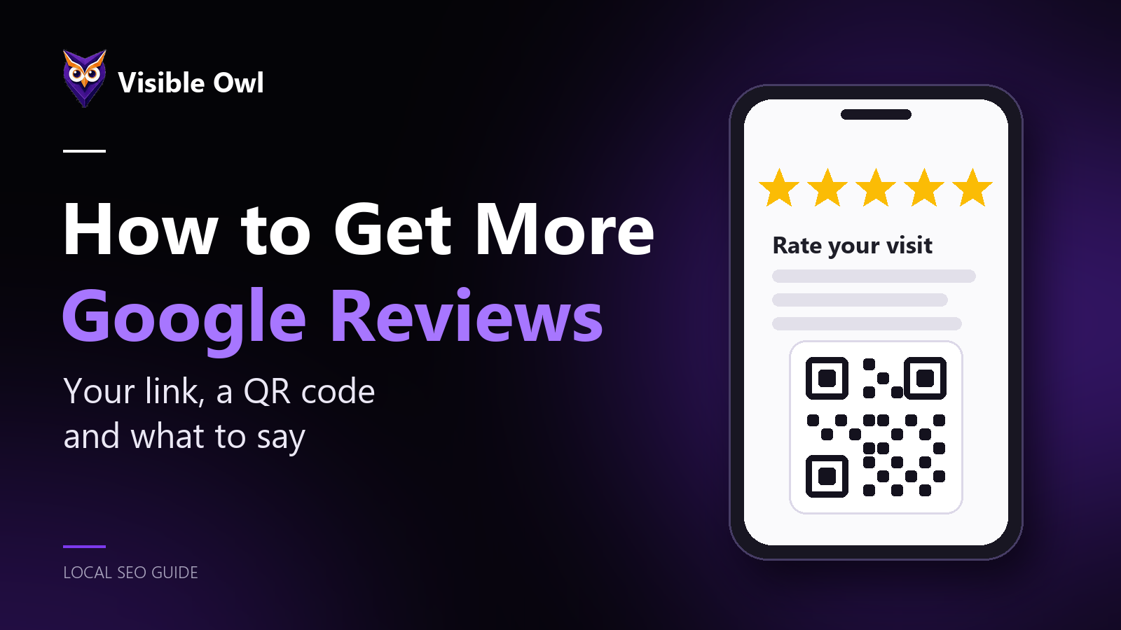 How to get more Google reviews: your link, a QR code and what to say. A phone showing five gold stars, a review form and a QR code, beside the Visible Owl logo
