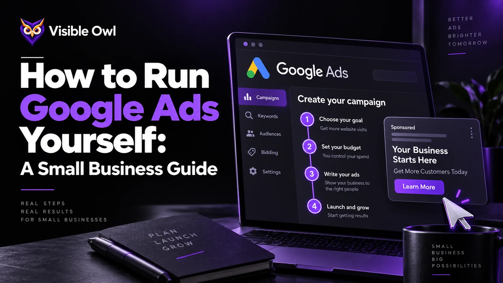 How to run Google Ads yourself, a small business guide: the Google Ads campaign setup steps on a laptop, from choosing a goal to launch