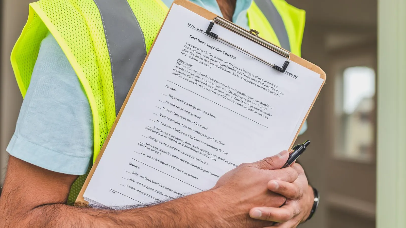 Person in a safety vest holding a checklist on a clipboard