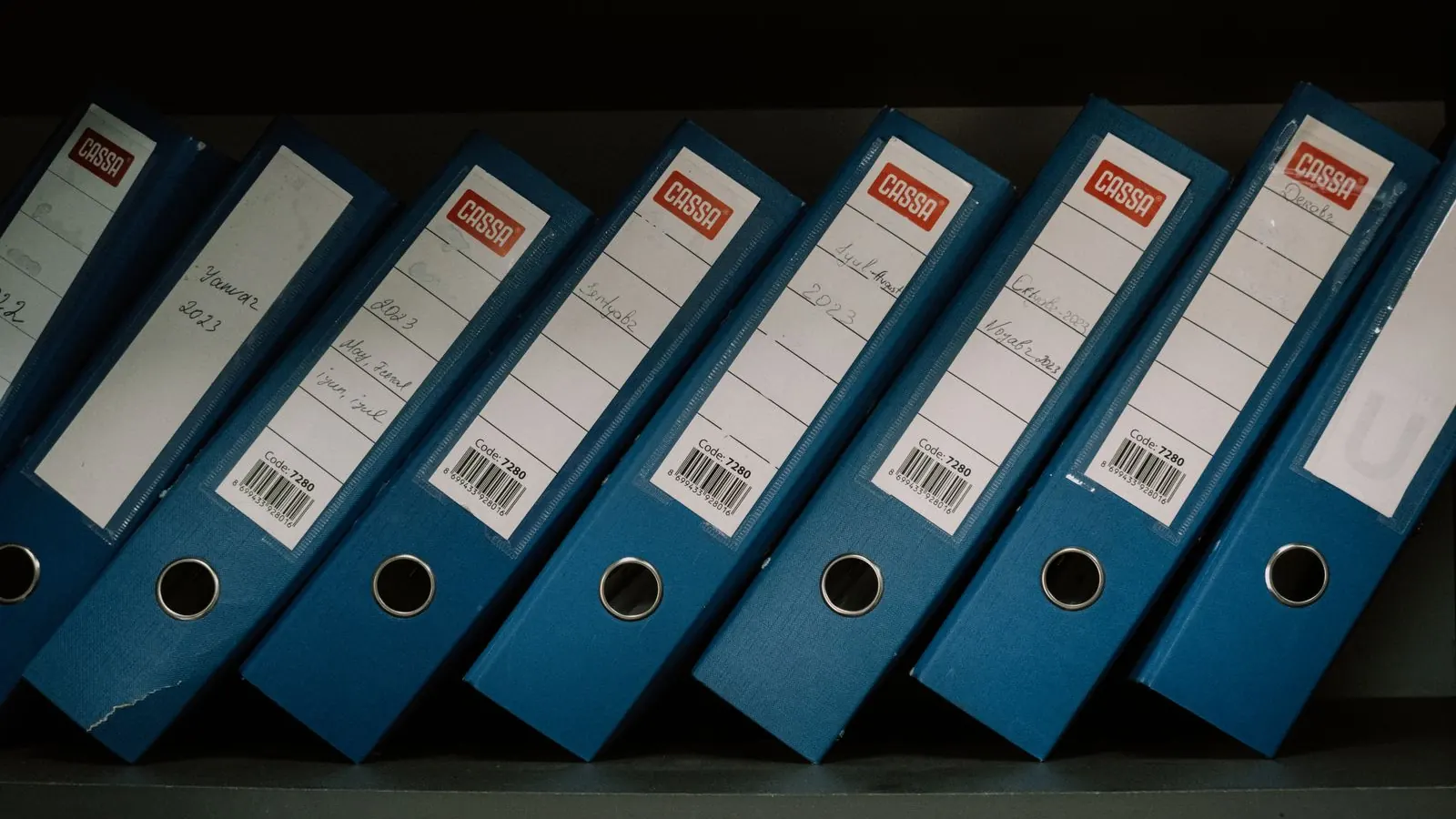 Row of blue office binders with date labels on a shelf