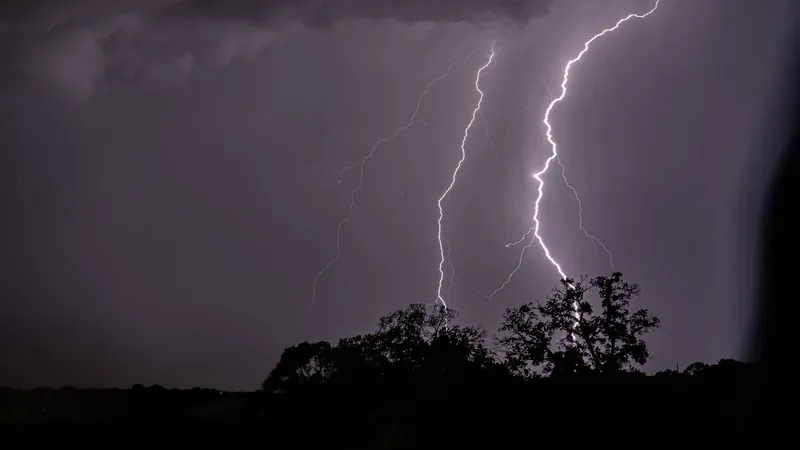 Lightning over trees during a North Texas storm at night