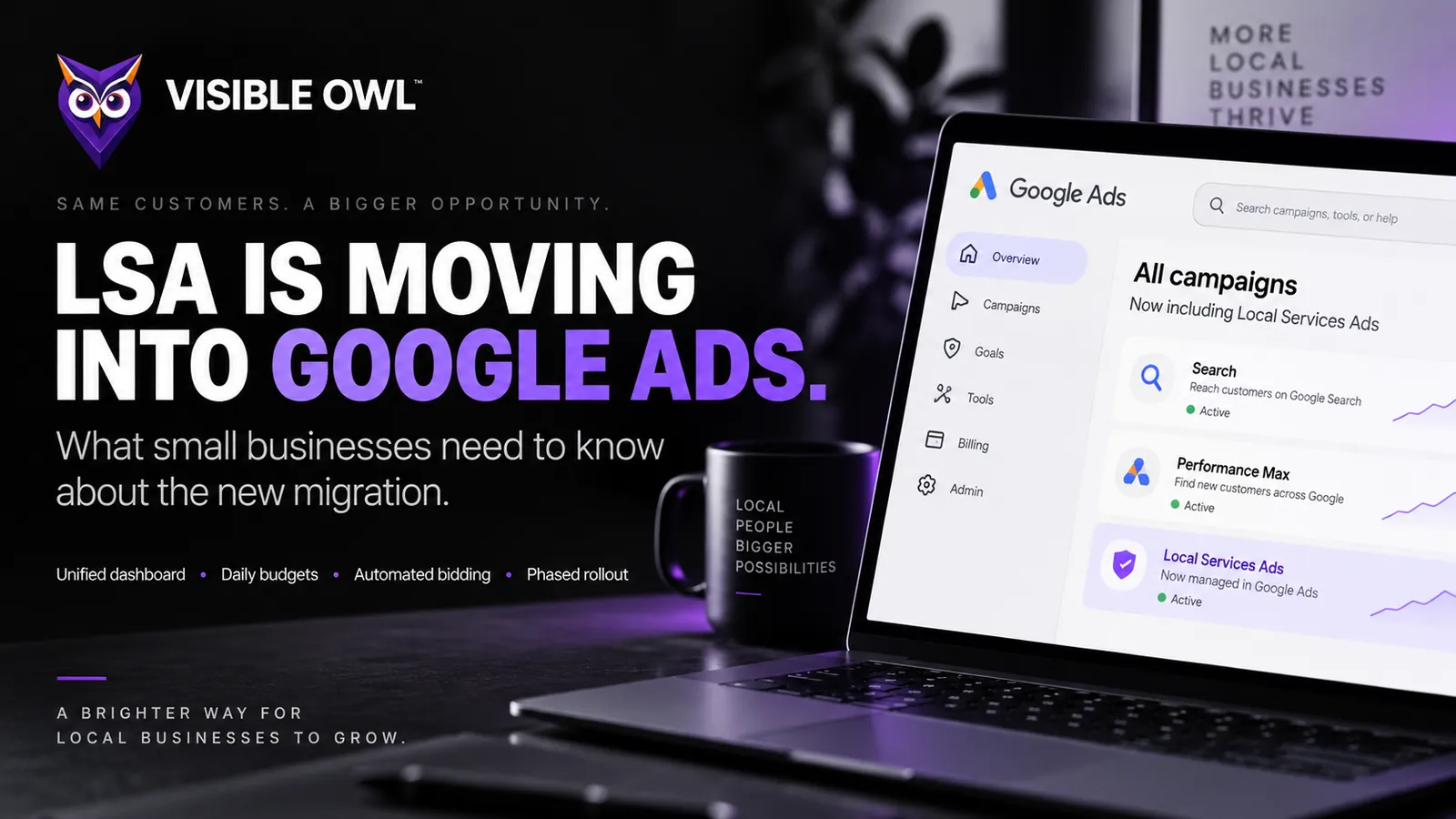 Google Ads campaign list showing Local Services Ads managed alongside Search and Performance Max