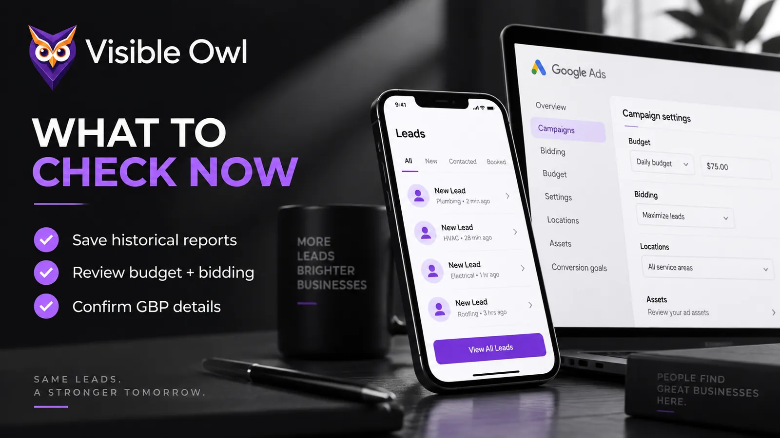 Phone showing a list of new leads next to a laptop open on Google Ads campaign settings for budget, bidding and locations