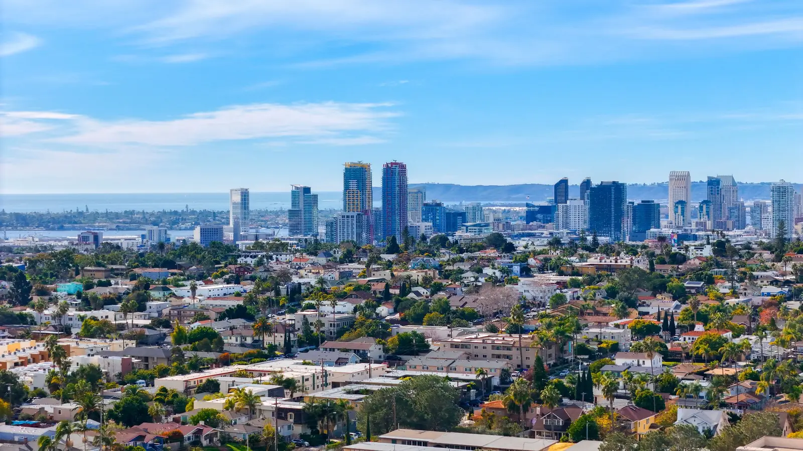 Aerial view of downtown San Diego skyline above its neighborhoods