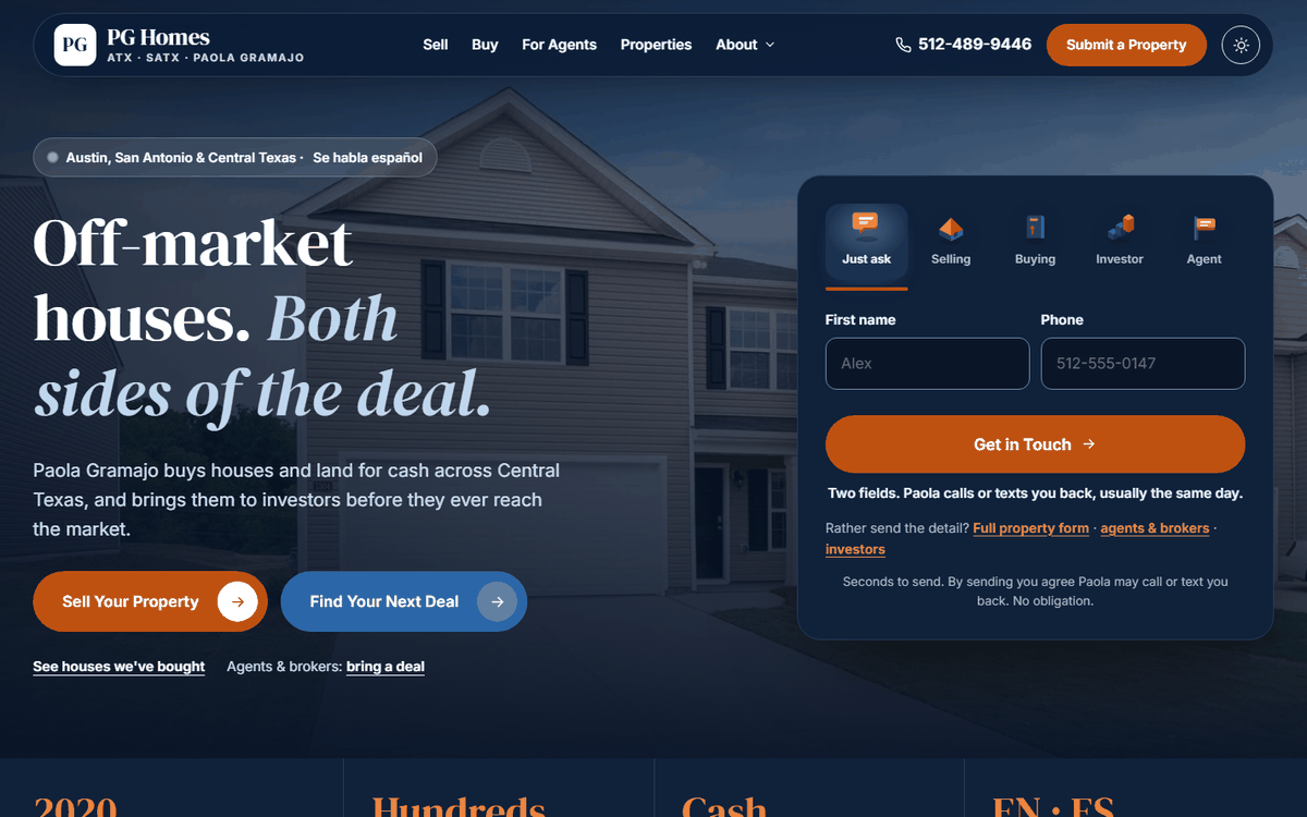 The PG Homes home page at cashbuyertx.com: Off-market houses, both sides of the deal, with Sell Your Property and Find Your Next Deal buttons and a two-field contact form