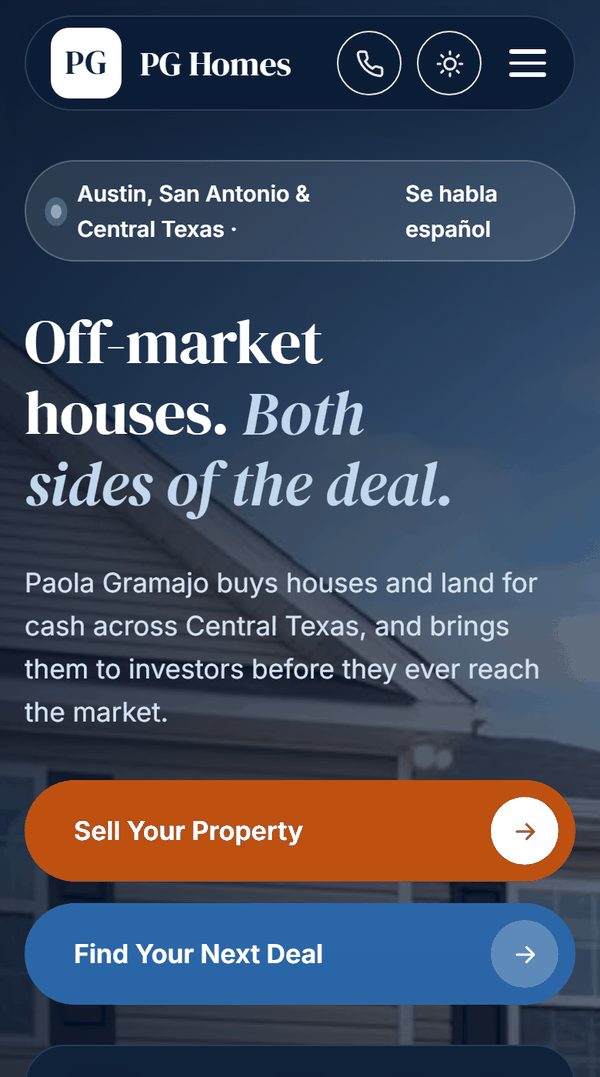 The PG Homes home page on a phone: the headline, both buttons and the start of the short contact form on the first screen