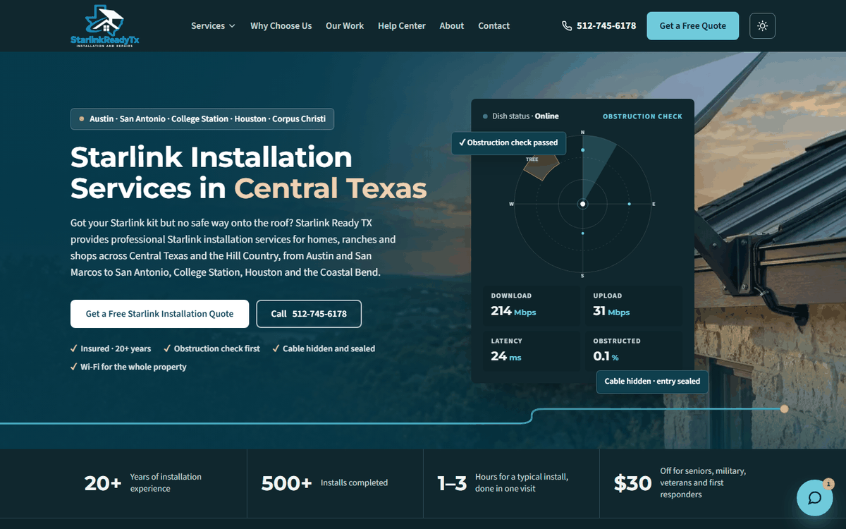 After: the new Starlink Ready TX home page built by Visible Owl