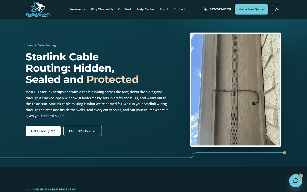 The Starlink Ready TX hidden cable routing page, written around the search phrase Starlink cable routing
