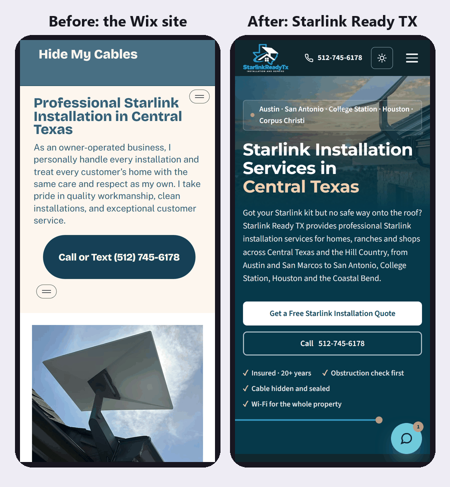 Before and after on a phone: the old Wix site with overlapping menu buttons, and the new Starlink Ready TX site with the service, the towns served and two clear buttons