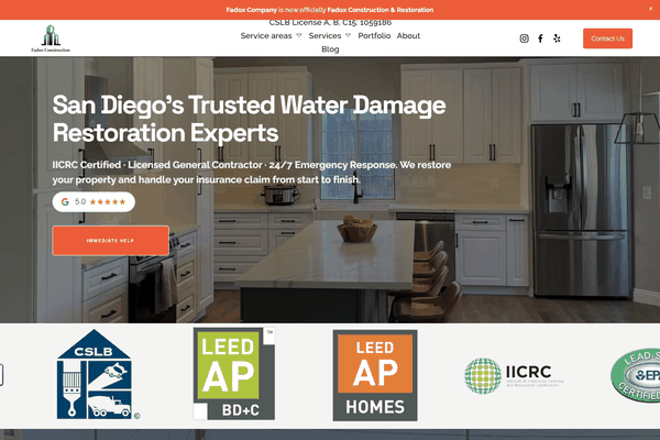Restoration contractor website design and SEO for Fadox Construction, a water damage restoration company in San Diego