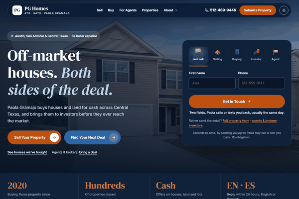 Website design for PG Homes, a cash home buyer in Austin and San Antonio, Texas