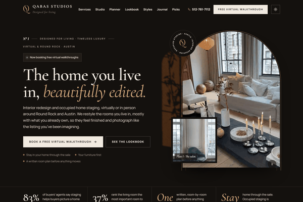 Website design for Qabas Studios, an interior design and home staging studio in Round Rock, TX, built by Visible Owl