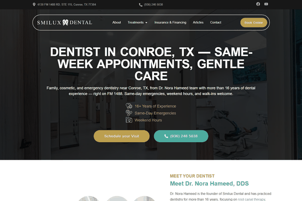 Dental website design and Google Ads for Smilux Dental, a family and emergency dentist in Conroe, TX