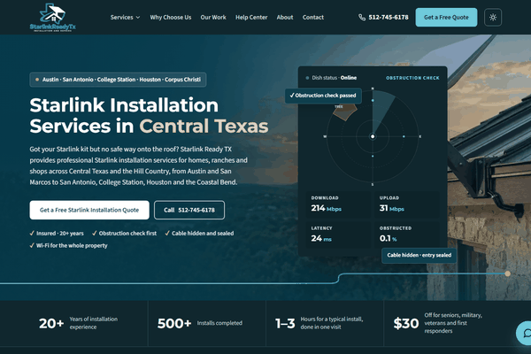 Website design and Google Ads for Starlink Ready TX, a Starlink installation company in Central Texas, by Visible Owl