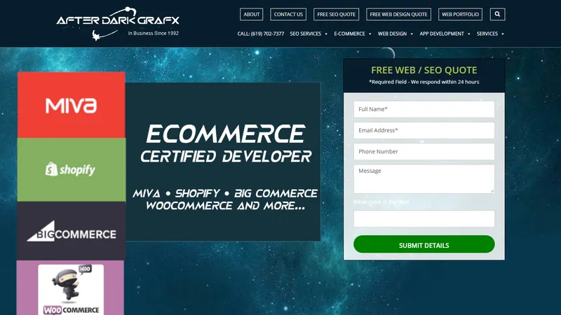 After Dark Grafx home page, a San Diego SEO and e-commerce company