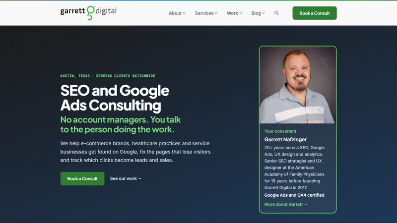 Garrett Digital home page, an Austin SEO and e-commerce consultant