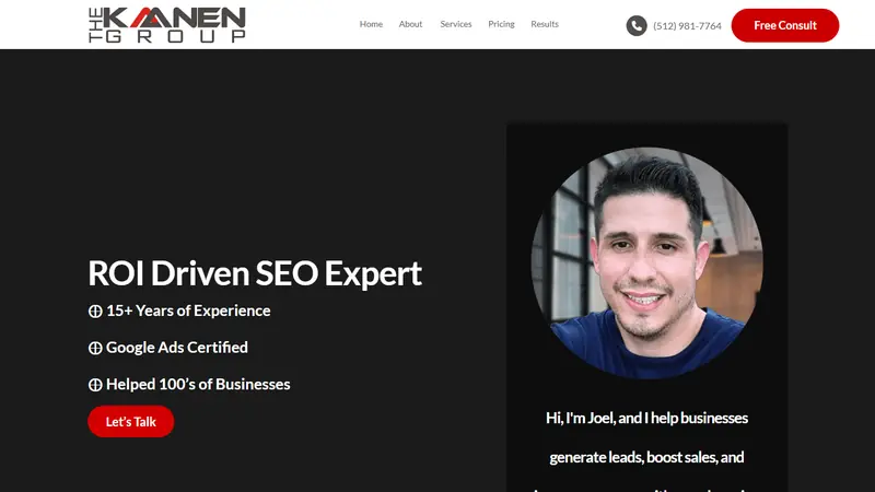 Kaanen Group home page, an Austin SEO consultant led by Joel Casarez