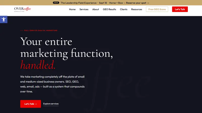 OverCoffee Consulting home page, a full-service marketing agency in Austin