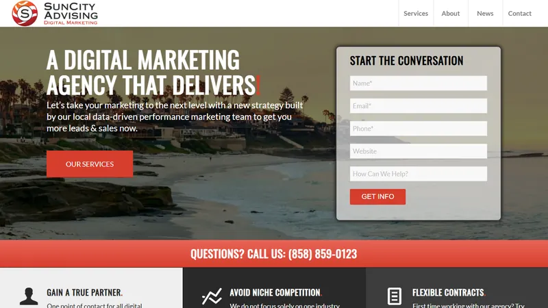 SunCity Advising home page, a digital marketing and SEO company in La Jolla