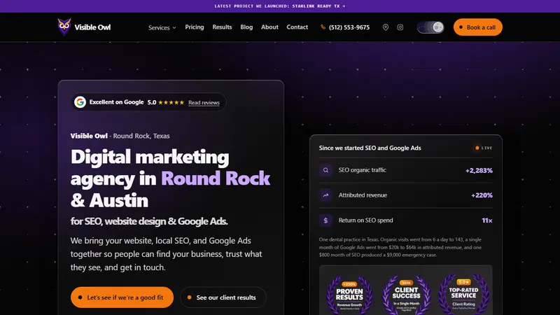 Visible Owl home page, a web design company in Round Rock serving Austin