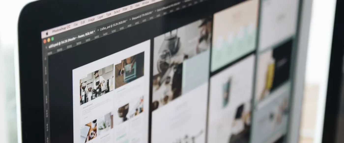 A designer's screen showing website page layouts side by side