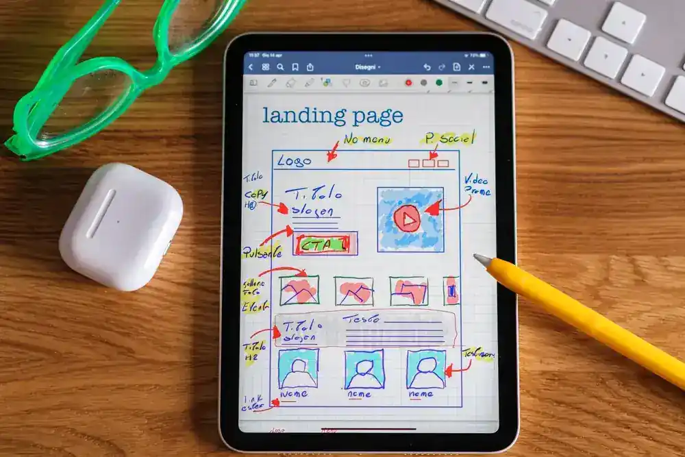 A tablet showing a hand-drawn landing page layout being reviewed
