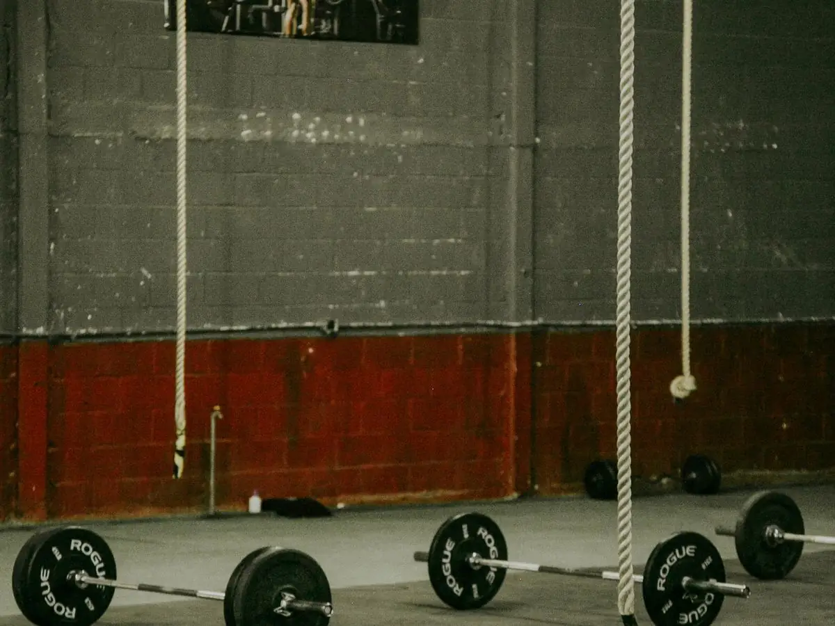 Barbells and plates on a lifting platform