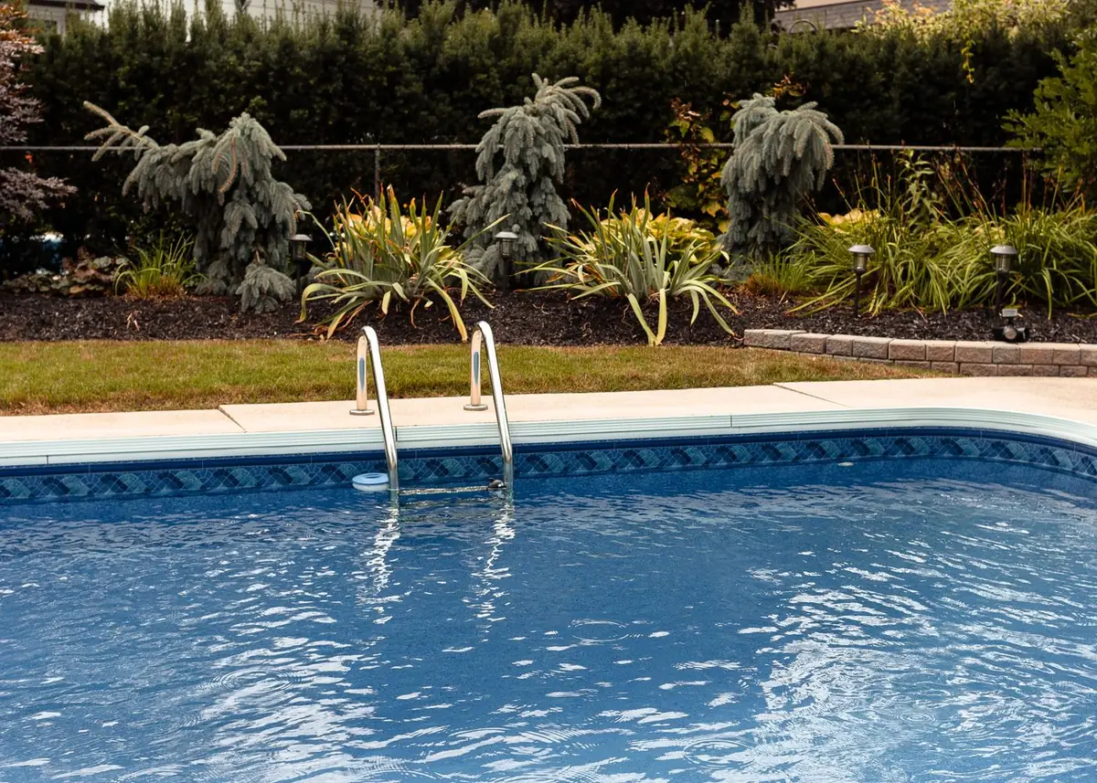 A clean residential swimming pool with landscaped surround