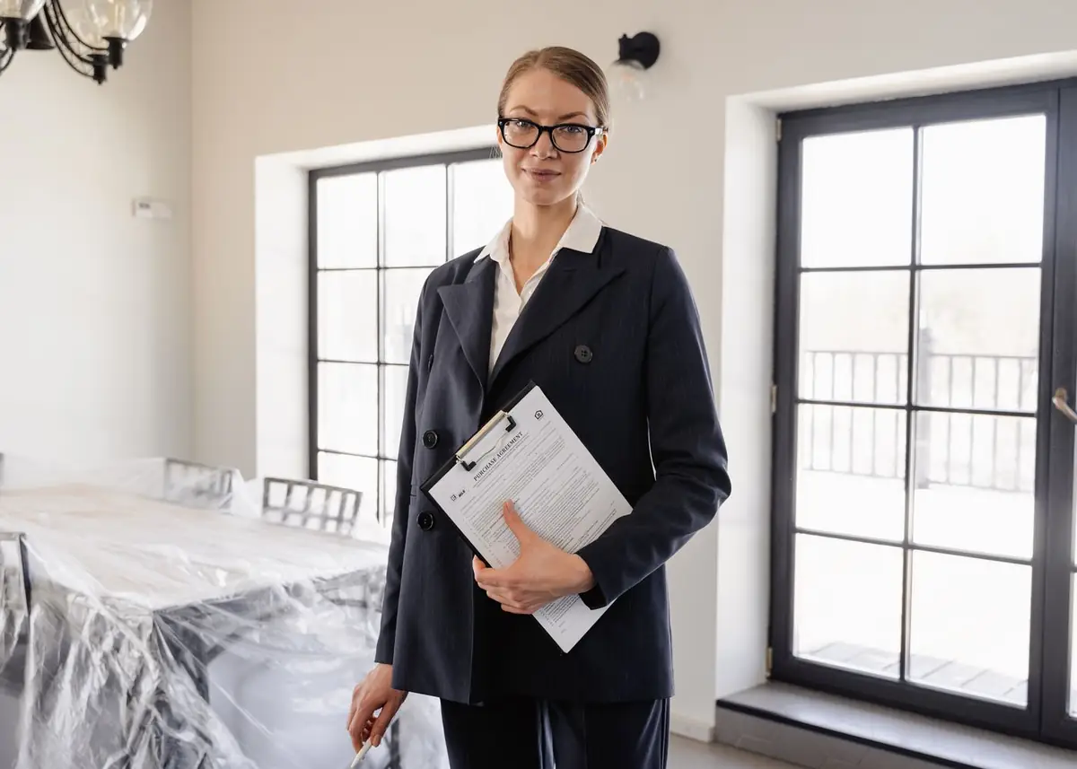 An estate agent standing with a clipboard in an empty room