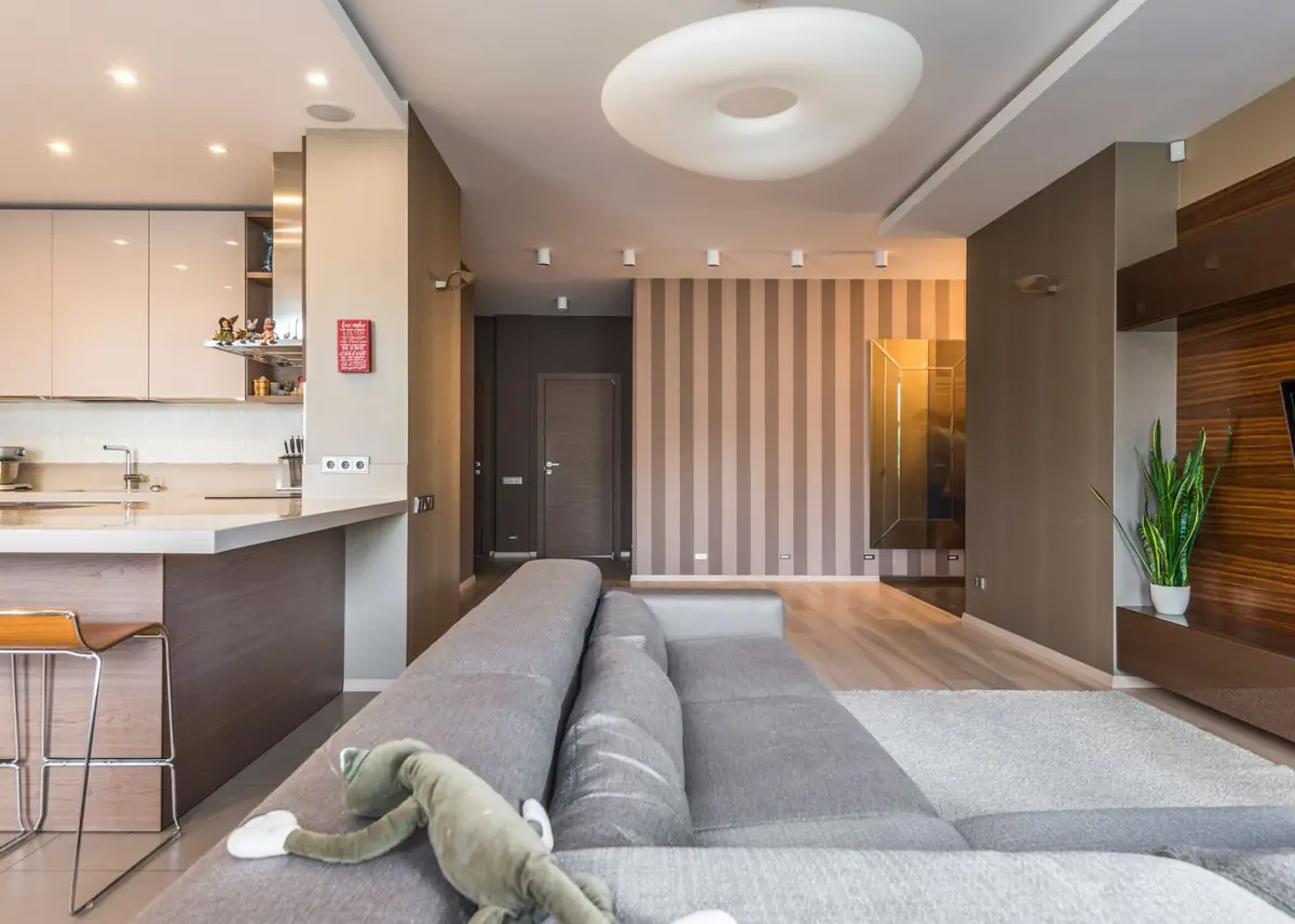 A bright modern open-plan living room and kitchen