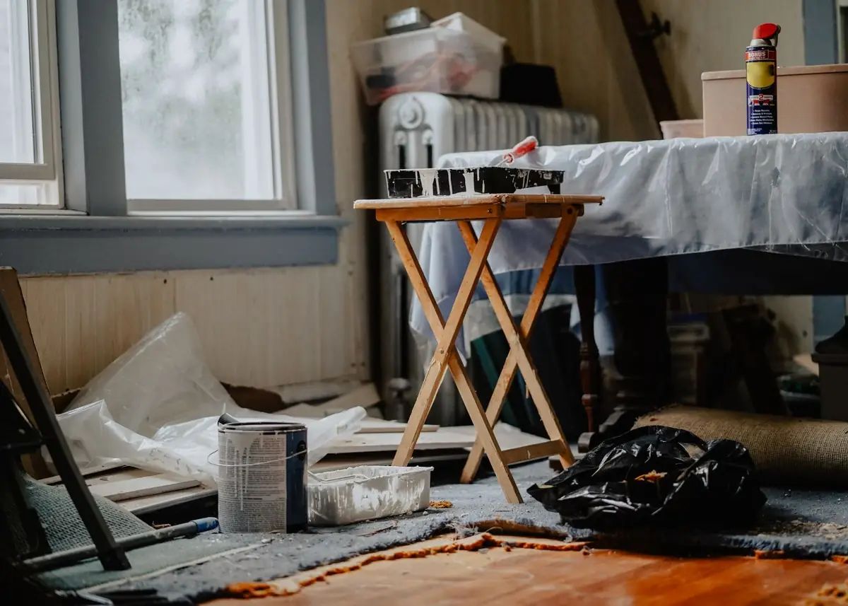 A room mid-restoration with equipment and protective sheeting