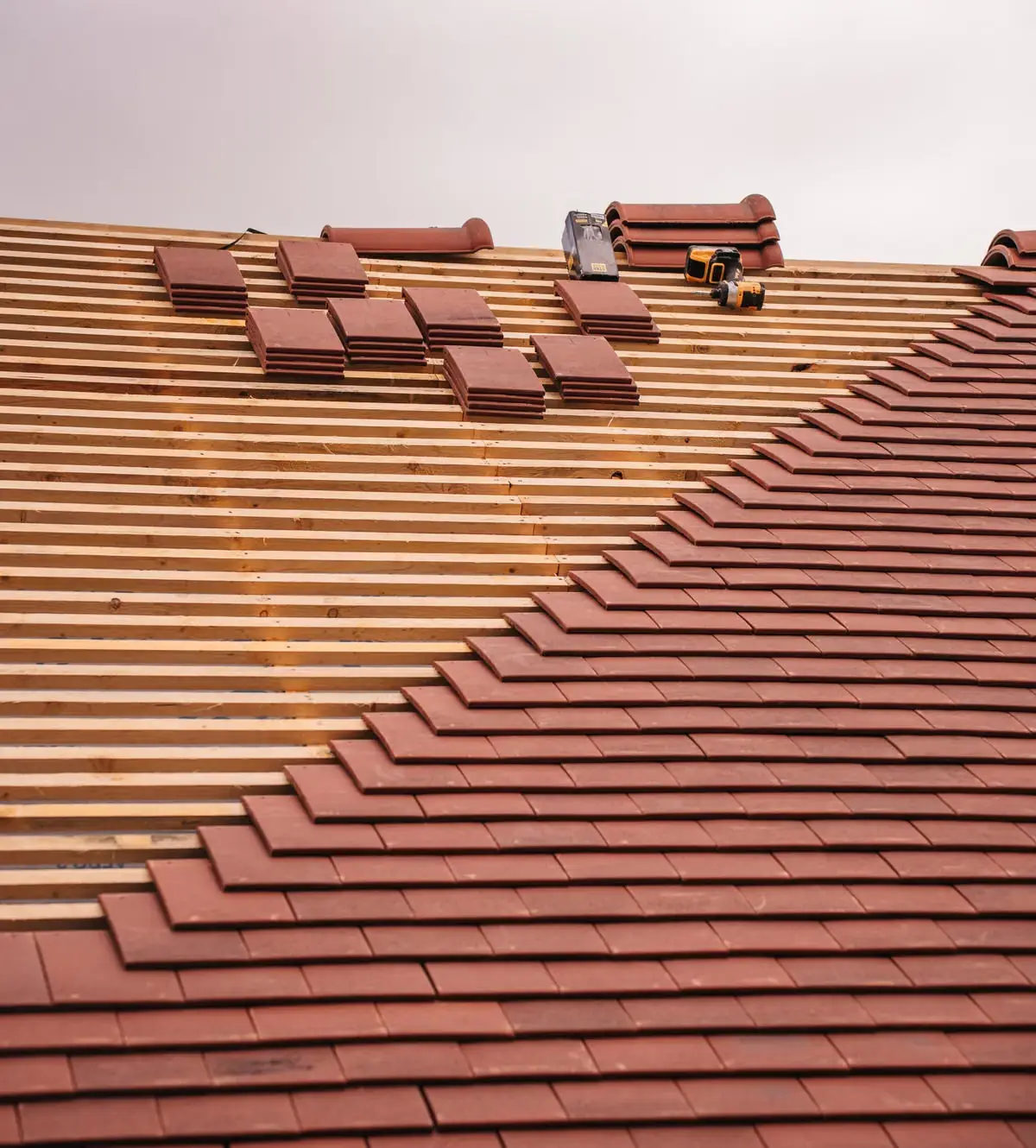 A tiled roof course viewed from above