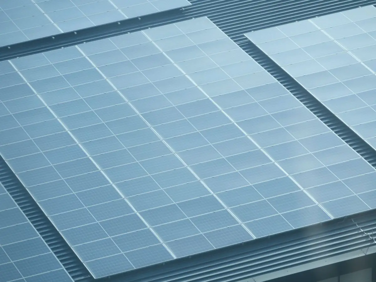 An array of solar panels seen from below